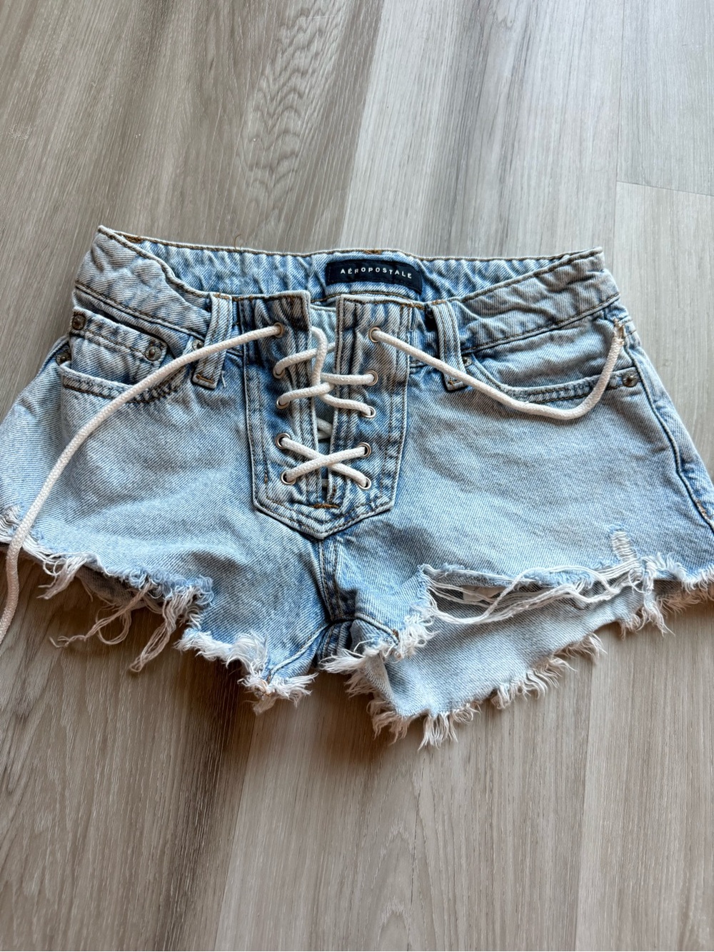 Aeropostale Light Blue Lace-Up Distressed Denim Shorts